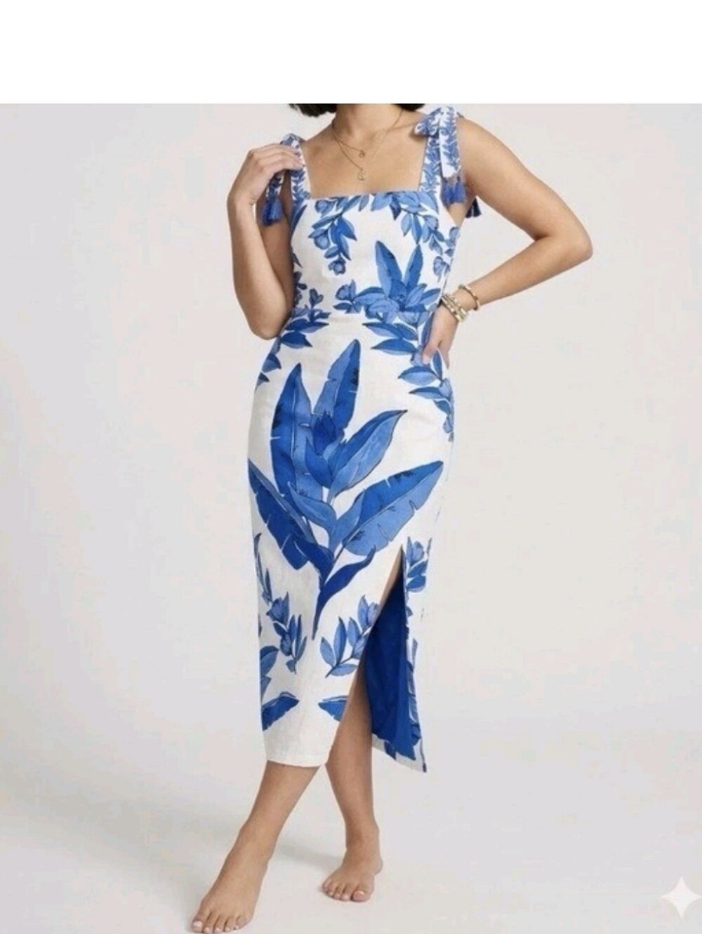 NWT Calypso St. Barth Linen Blend Smocked Back Midi Dress, XL, White & Blue - Picture 3 of 6